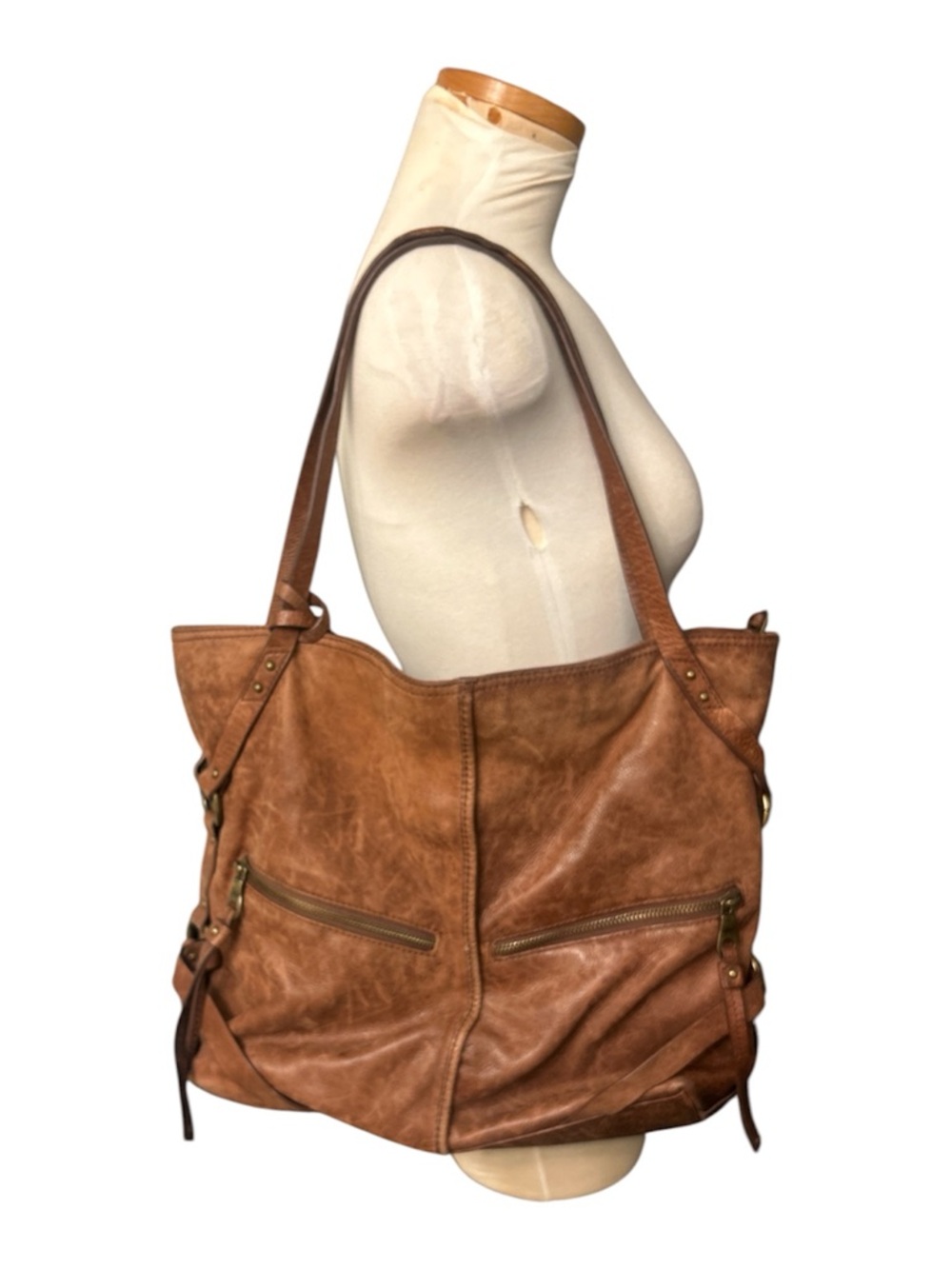 Lucky Brand Classic Brown 100 % Leather Tote Bag - Oversized with Zippers